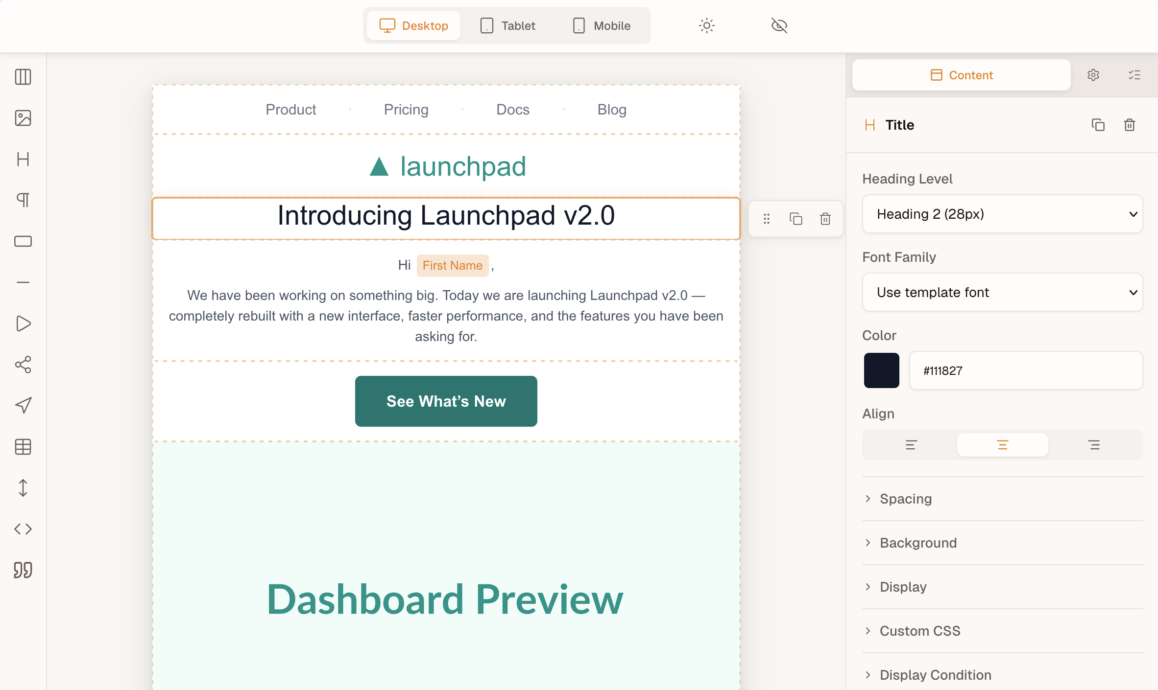 Templatical editor: drag-and-drop email builder with toolbar, canvas, and inspector panels